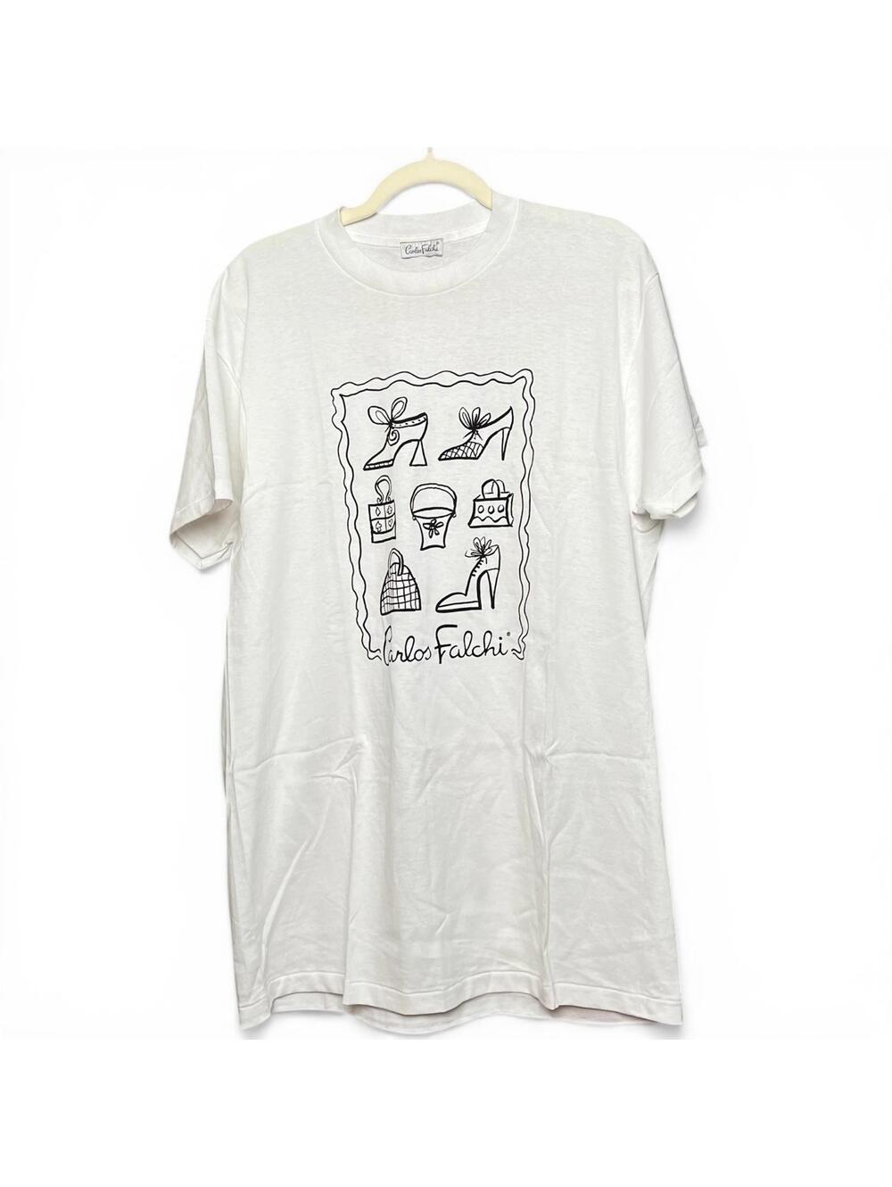 Vintage Carlos Falchi White Graphic T-Shirt with Fashion Illustrations